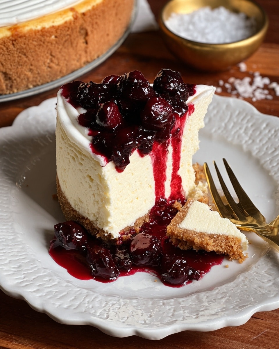 A slice of creamy cheesecake is placed on a white decorative plate with a scalloped edge, showing three main layers: a thick golden brown crumb crust at the bottom, a thick pale yellow creamy filling in the middle, and a smooth white icing layer on top with a subtle spiral pattern near the edge. The cheesecake slice is topped with a generous amount of dark red berry sauce that drips down the sides, pooling on the plate along with whole and crushed berries. A gold-colored fork rests on the plate amid the sauce. In the background, part of a whole cheesecake on white marble texture can be seen, along with a small golden bowl holding coarse salt. The entire scene sits on a warm wooden table. photo taken with an iphone --ar 4:5 --v 7