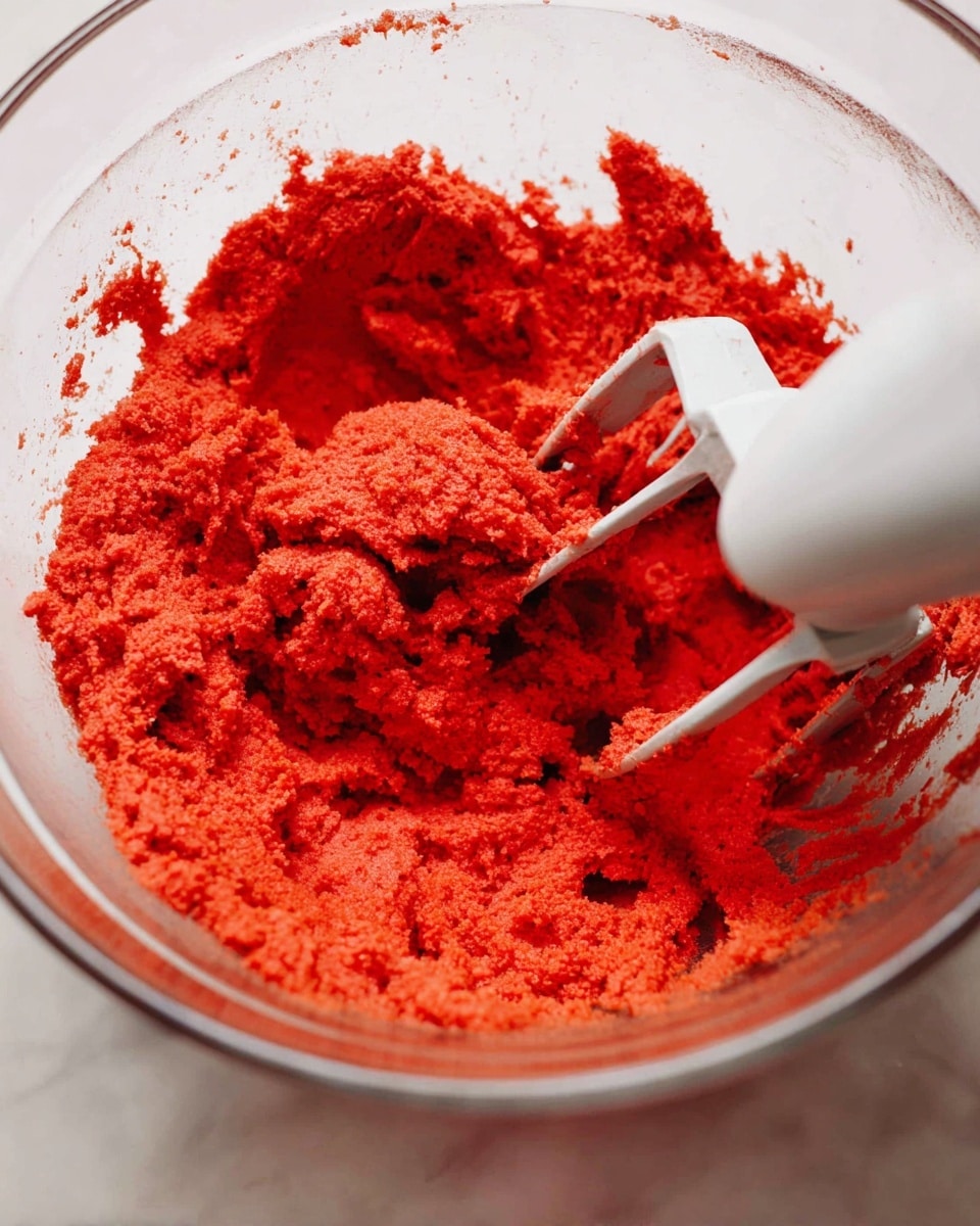 The image shows a close-up view of a thick, bright red dough mixture being stirred in a clear glass bowl. The dough looks dense and slightly crumbly with a rough texture. A white electric mixer paddle is partially inside the dough, mixing it. The bowl sits on a white marbled surface, and the overall scene has a clean, bright look. Photo taken with an iphone --ar 4:5 --v 7