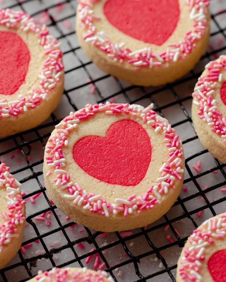 The image shows round cookies with two layers: a light beige outer layer and a bright red heart shape in the center. Each cookie is decorated around the edges with pink and white small round sprinkles and tiny cylindrical sprinkles, adding a crunchy texture. The cookies are placed on a black cooling rack with a white marbled surface beneath, and some sprinkles are scattered around. The heart shapes are smooth and even, centered perfectly on each cookie. Photo taken with an iphone --ar 4:5 --v 7