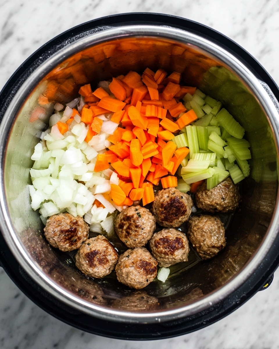 Inside a stainless steel inner pot, seven browned meatballs form the bottom layer. On top of and around the meatballs are three distinct piles of chopped vegetables: bright orange carrots to the center and upper left, pale white onion pieces below the carrots, and light green celery pieces to the right. The pot is set on a white marbled surface. The image shows a close overhead view highlighting the textures of the meatballs and fresh vegetables photo taken with an iphone --ar 4:5 --v 7