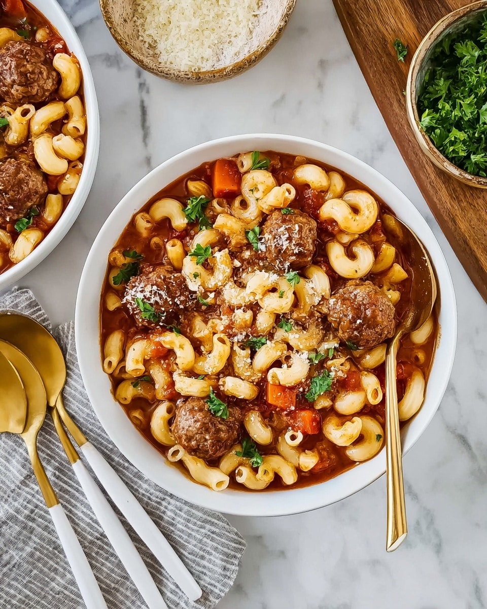 The image shows a white bowl filled with a dish of macaroni pasta and meatballs in a rich brown tomato sauce. The pasta is light beige with a smooth texture, swirling around evenly sized dark brown meatballs scattered throughout. Diced orange carrots and green parsley leaves are mixed in, adding spots of color and freshness on top. A light sprinkle of grated cheese or seasoning dusts the dish, resting on top of the sauce and pasta. The bowl sits on a white marbled surface next to three golden spoons with white handles, and part of a wooden board with a bowl of grated cheese and green parsley is visible nearby. Photo taken with an iphone --ar 4:5 --v 7