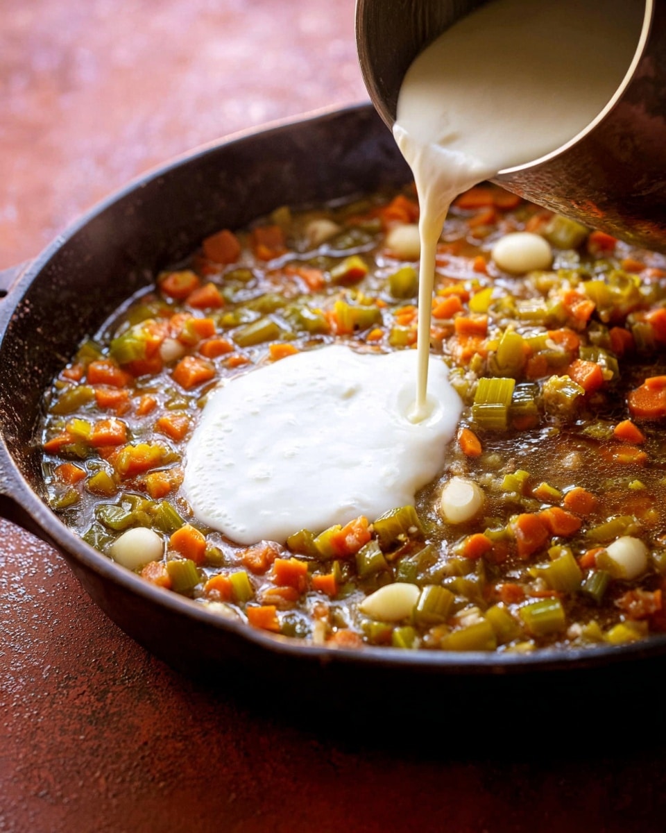 The image shows a close-up of a dark cast iron pan filled with a cooked vegetable stew-like mixture containing small pieces of orange carrots, green celery, and whole peeled garlic cloves in a brownish broth. A white creamy liquid is being poured from a silver cup into the center of the vegetable mix, creating a smooth white layer on top of the stew. The scene is set on a reddish surface with the pan tilted slightly to the right. photo taken with an iphone --ar 4:5 --v 7