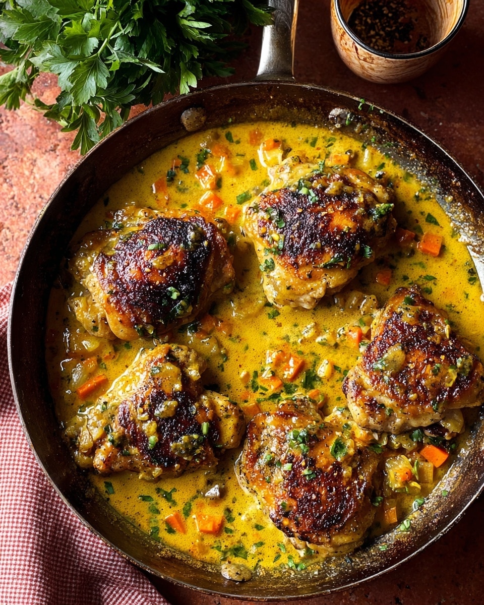 A skillet holds five browned chicken pieces with crispy skin on top, sitting in a rich, creamy yellow sauce that has small diced carrots and herbs scattered throughout. The chicken surfaces show a mix of golden brown and dark charred spots, creating a textured look. The sauce pools around the chicken, glossy and thick, with green herb bits sprinkled on top. A bunch of fresh green parsley is partially showing in the upper left corner, and part of a cup is visible at the top. The skillet rests on a reddish-brown surface with a checkered cloth nearby. photo taken with an iphone --ar 4:5 --v 7