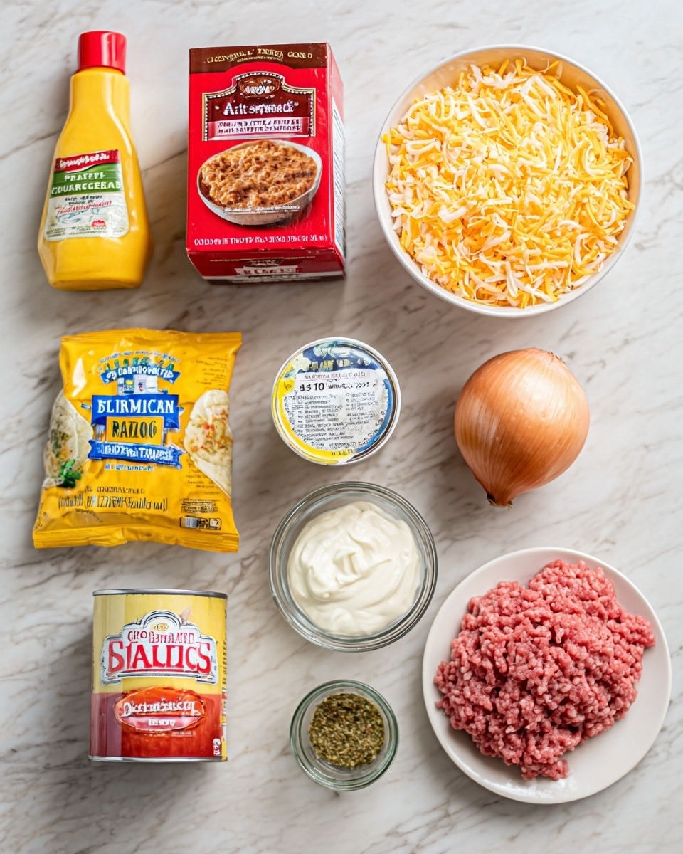 The image shows ingredients laid out on a white marbled surface for making a cheesy taco dish. From top left to right, there is a bottle of yellow mustard, a box of red lobster creamy crab sauce mix with a brown and red label, and a white bowl full of shredded orange and white cheese. Below these, from left to right, there is a colorful yellow packet of taco seasoning, a white cup of sour cream with a printed blue and red label, a small green and yellow jar of seasoning, a small clear glass bowl, a white can with a red top and label of diced tomatoes, and a peeled whole onion. Finally, a white plate holds raw ground beef, pale pink in color with a soft texture. The items are arranged neatly, suggesting preparation for a layered taco cheese dish. Photo taken with an iphone --ar 4:5 --v 7