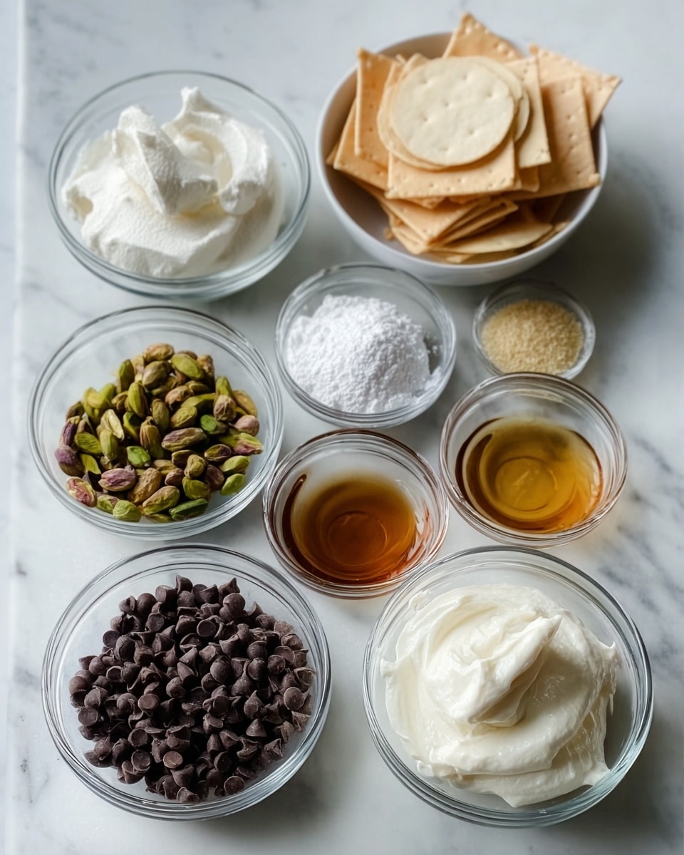 The image shows seven small clear glass bowls arranged neatly on a white marbled surface. The back row has three bowls: the left one is filled with white whipped cream, the middle one holds light tan thin round crackers, and the right one contains white powdered sugar. In the front row, from left to right, there is a small bowl with dark green pistachios, a clear bowl with dark brown chocolate chips, a bowl with a white creamy mixture, and a bowl with amber-colored vanilla extract. The setup looks clean and organized, with bright natural light illuminating the ingredients. Photo taken with an iphone --ar 4:5 --v 7