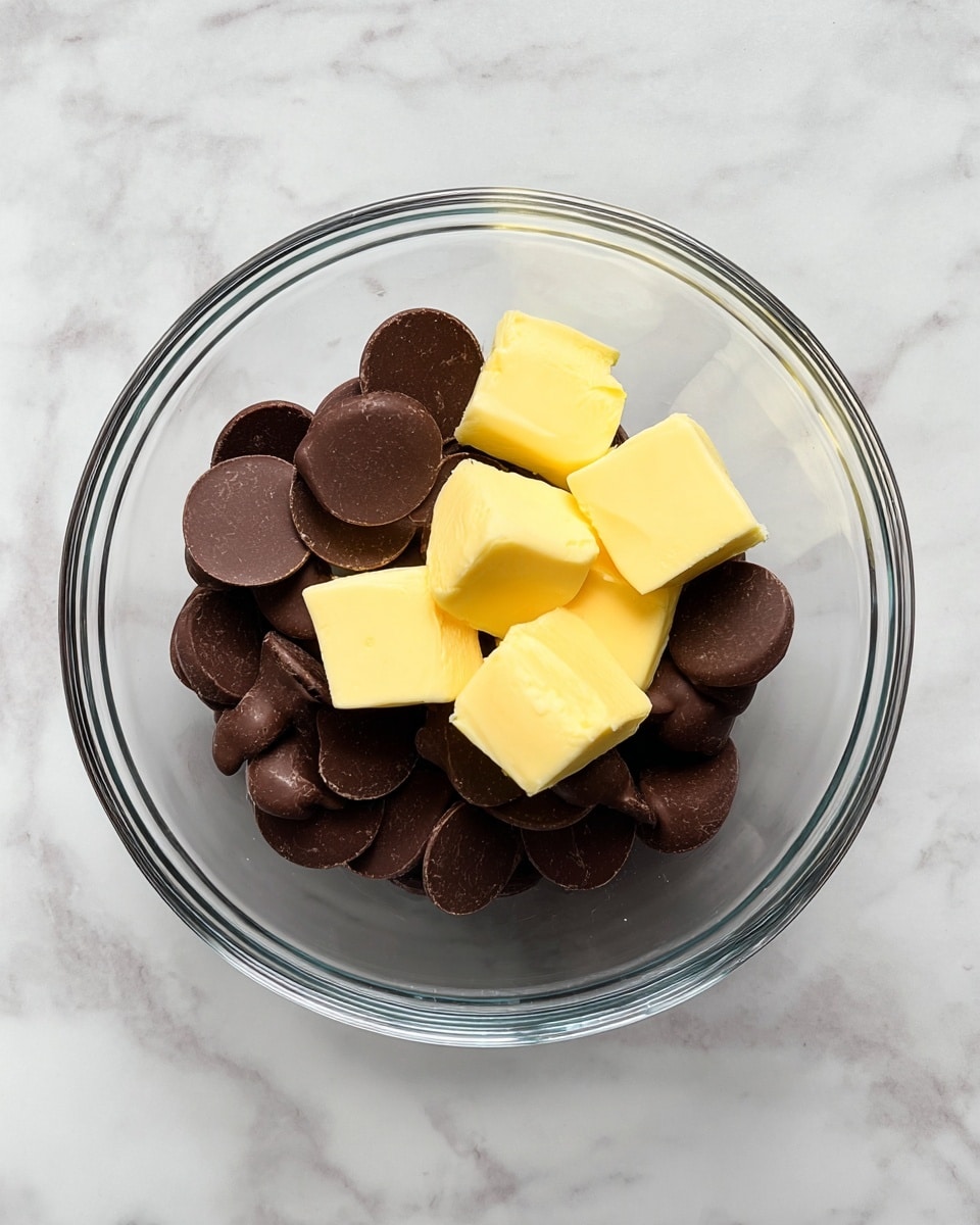 A clear glass bowl sits on a white marbled surface, holding two layers: the bottom layer has many dark brown chocolate disks, smooth and shiny, while the top layer has four uneven yellow butter cubes placed slightly apart over the chocolate disks, showing a soft and slightly creamy texture. photo taken with an iphone --ar 4:5 --v 7