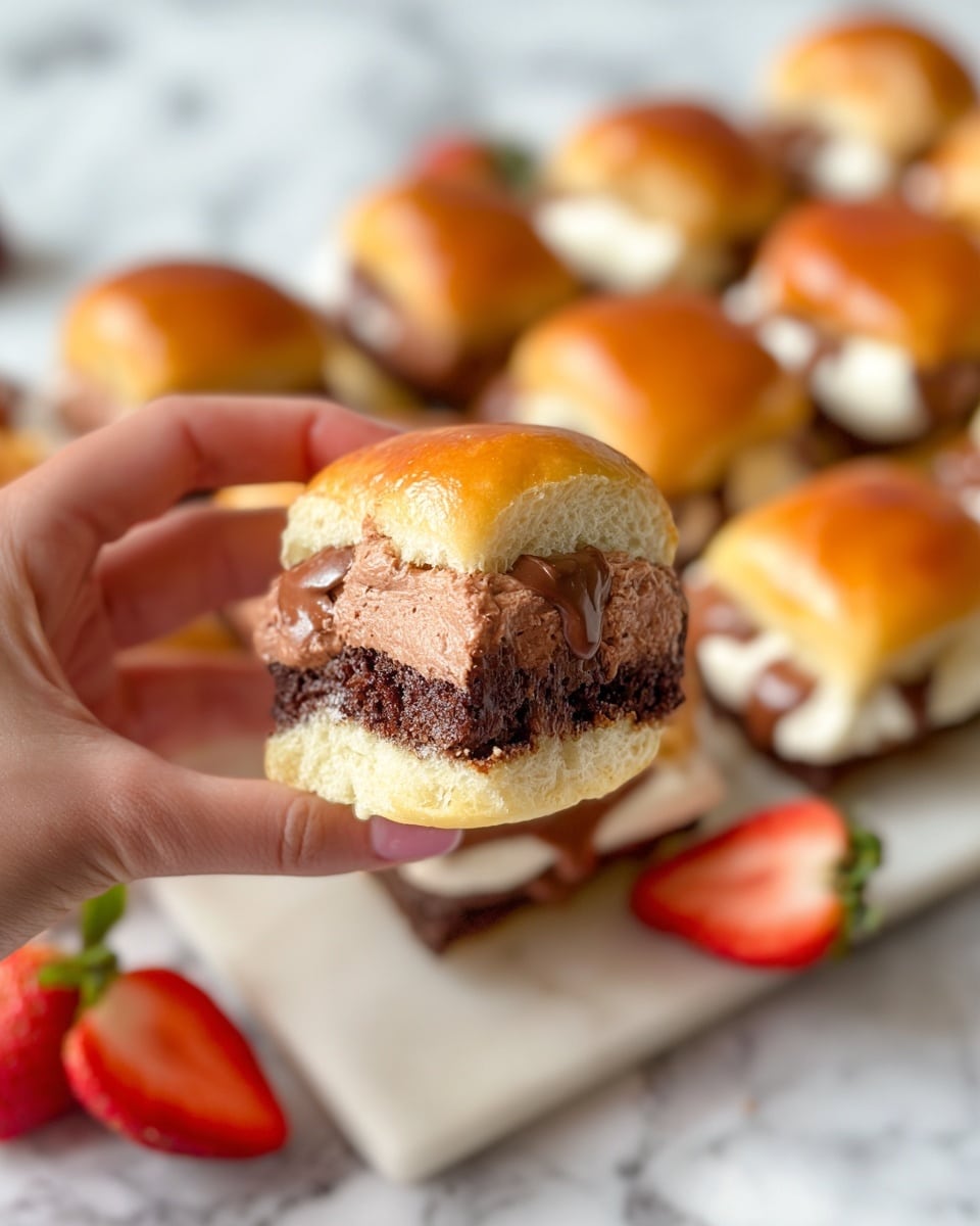 The image shows a woman's hand holding a small sandwich with three visible layers: the top is a shiny golden-brown bun, the middle is a thick layer of light chocolate cream, and the bottom has a rich dark chocolate layer with chocolate bits. The inside of the bun looks soft and white. In the background on a white marbled surface, there are many similar sandwiches arranged in rows, each with the same golden bun, light chocolate cream, and dark chocolate cake layer. A few fresh strawberries are scattered around the sandwiches, adding bright red spots to the scene. Photo taken with an iphone --ar 4:5 --v 7