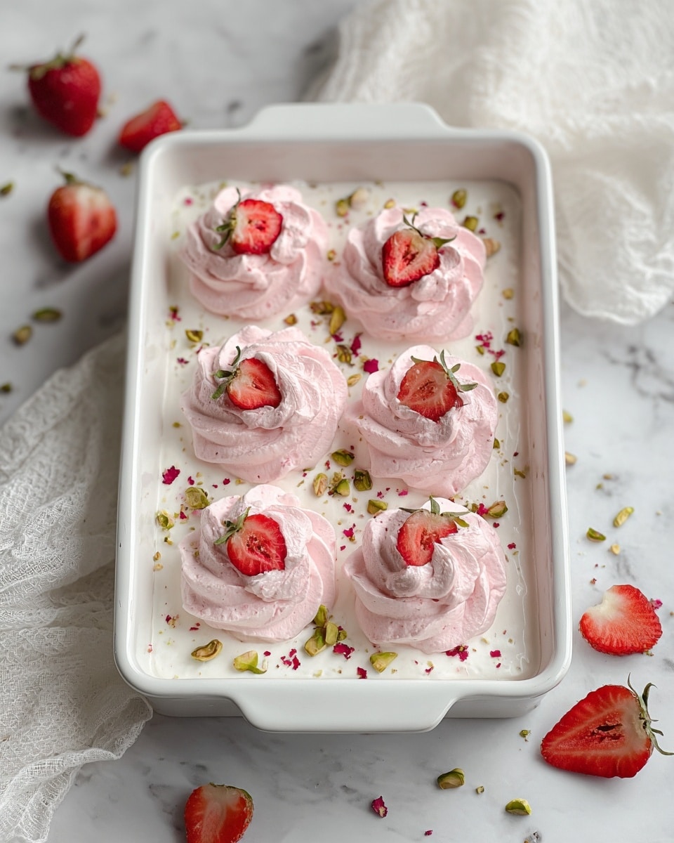 The image shows a white rectangular baking dish filled with a smooth, thick white base layer of cream or mousse. On top, there are eight evenly spaced pink whipped cream clouds with a soft, fluffy texture arranged in two rows. Each pink whipped cloud has a dried halved strawberry placed neatly in the center. Around the strawberries and on the white base are small green pistachio pieces and tiny red crumbs scattered lightly for decoration. The dish is on a white marbled surface with a soft white fabric in the background, and some extra strawberry slices and pistachio pieces are scattered around the dish. Photo taken with an iphone --ar 4:5 --v 7