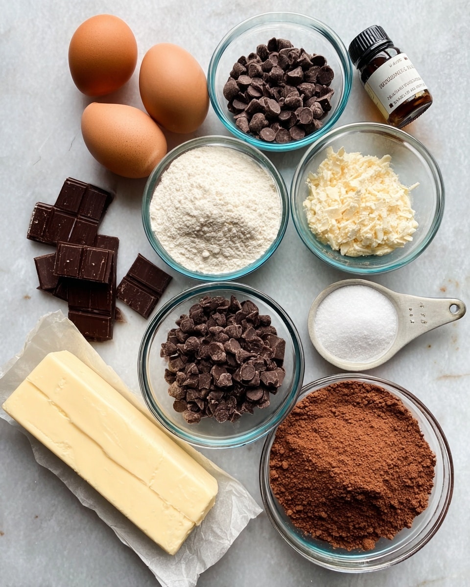 The image shows a white marbled surface with ingredients arranged neatly. There is a block of butter wrapped in paper on the bottom left, two brown eggs placed nearby, and small glass bowls containing dark chocolate chips, chopped chocolate, light brown sugar, white sugar, flour, and cocoa powder. A white measuring spoon with baking soda is also included. A small bottle of vanilla extract is placed on the edge. The textures range from smooth butter and eggs to crumbly sugar and powdery cocoa. photo taken with an iphone --ar 4:5 --v 7