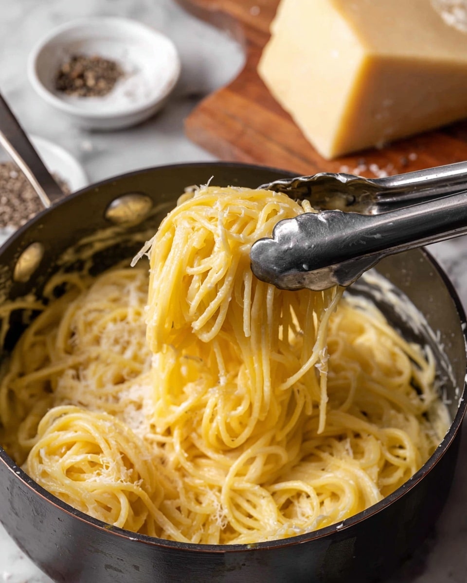 A close-up of a black pot filled with cooked yellow spaghetti noodles mixed with a creamy light sauce, being lifted by black tongs with silver handles, showing the smooth texture of the sauce clinging to the pasta. The pot is placed on a white marbled surface, with coarse salt and ground black pepper in a small white dish on the side, and a large block of pale yellow cheese resting on a white cutting board in the background. Photo taken with an iphone --ar 4:5 --v 7