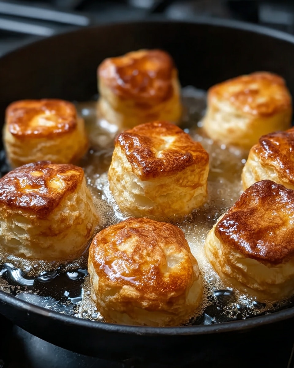 The image shows seven golden-brown biscuits frying in a dark black pan. Each biscuit has a shiny, crispy top layer with a few darker spots, indicating a toasted texture. The biscuits are puffed up with visible soft layers beneath the crunchy surface, and some melted butter or oil bubbles around them. The pan’s background is blurred slightly, focusing on the biscuits' warm, rich colors and textures. The setting appears to be a kitchen stove with a white marbled surface underneath the pan. photo taken with an iphone --ar 4:5 --v 7