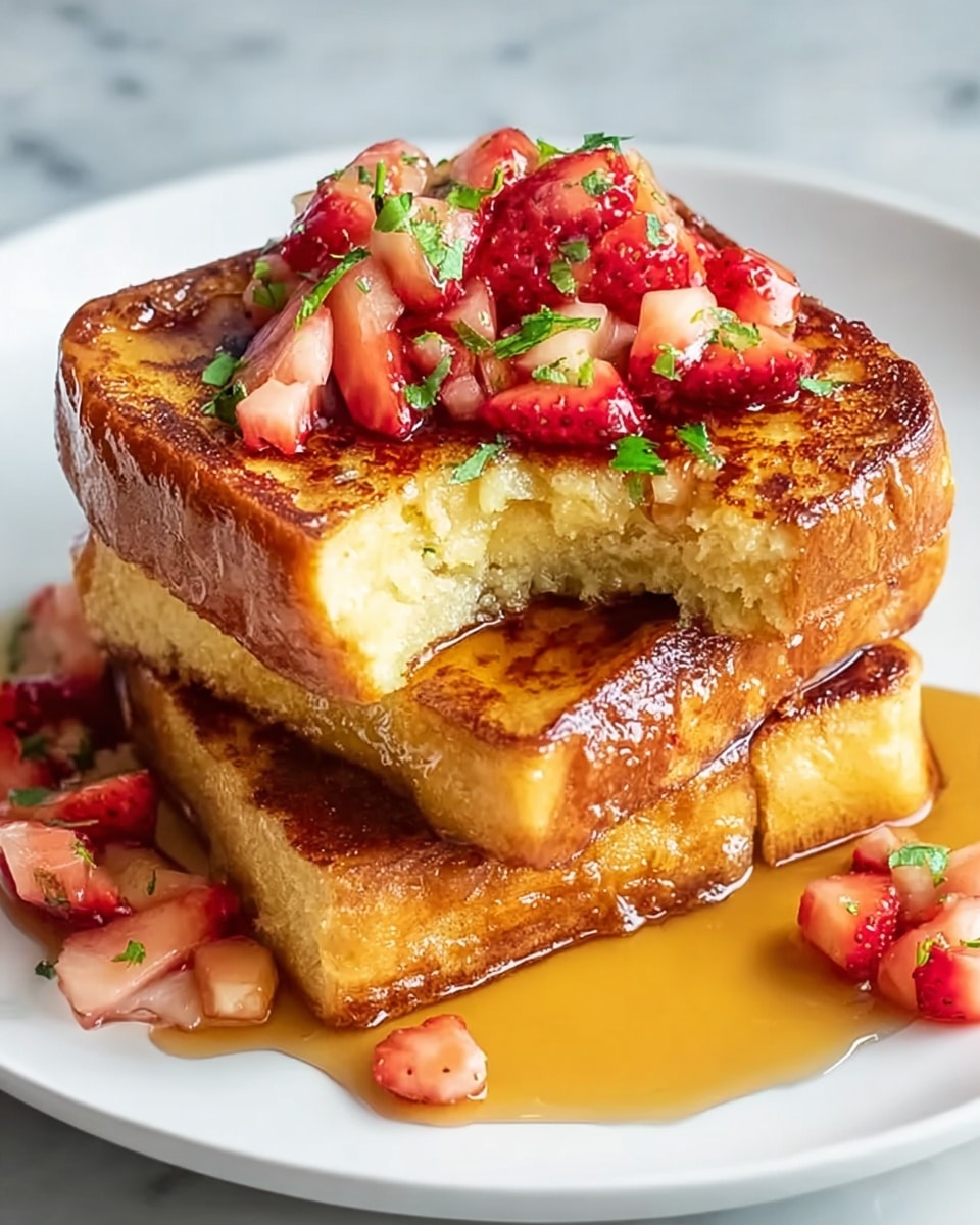 Two thick pieces of golden brown French toast are stacked in the center of a white plate. The top piece has a bite taken out, showing the soft, fluffy inside with a light yellow color. Fresh red and juicy strawberry pieces mixed with small green herbs are scattered on top and around the toast. A shiny amber syrup covers the toast and pools on the plate, adding a wet, glossy look. The plate sits on a white marbled surface. photo taken with an iphone --ar 4:5 --v 7