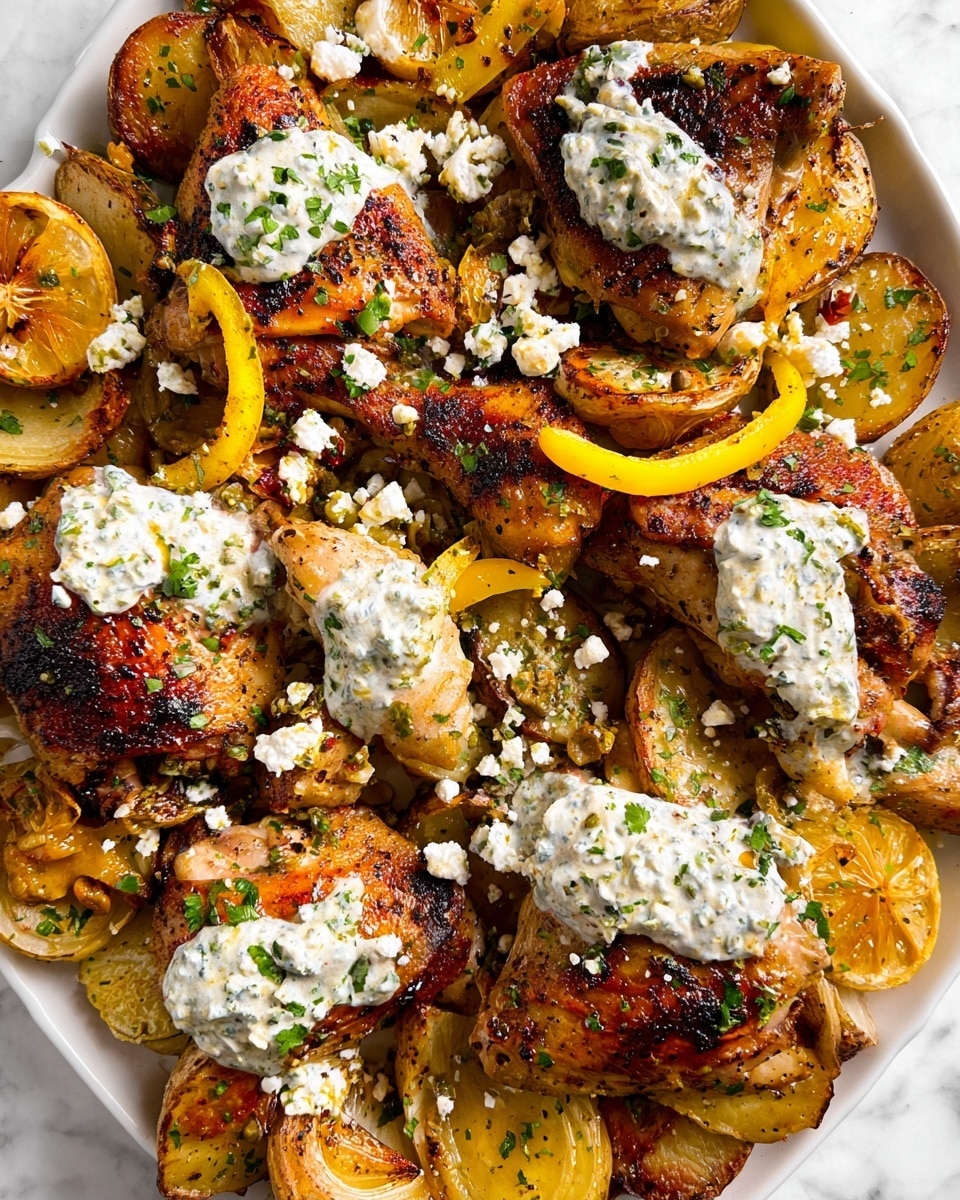 The image shows a white plate filled with golden brown roasted chicken pieces on top of crisp roasted potato wedges. The chicken has a slightly charred, crispy skin and is topped with dollops of creamy white herb sauce. Around the chicken and potatoes, there are crumbled white cheese bits and thin slices of yellow peppers scattered throughout. Small green herb sprinkles add a fresh look all over the dish. A few browned lemon slices and green olive slices are also scattered, adding color and texture contrast. The whole scene is bright and warm, set on a white marbled surface. Photo taken with an iphone --ar 4:5 --v 7