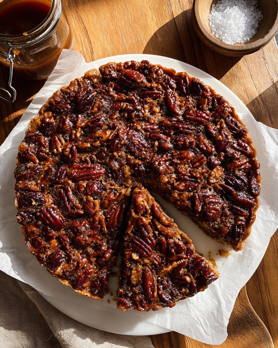 A round pecan pie with a rich, dark brown glossy topping full of chopped pecans, arranged tightly to cover the entire pie surface. One slice is cut and slightly pulled out, showing a thick layer of sticky pecan filling above a light golden crust at the bottom, all on white parchment paper on a white plate. The plate sits on a wooden table next to an open jar of dark caramel sauce and a small bowl of coarse white sea salt. Warm sunlight casts soft shadows across the scene, highlighting the pie’s shiny texture. Photo taken with an iphone --ar 4:5 --v 7
