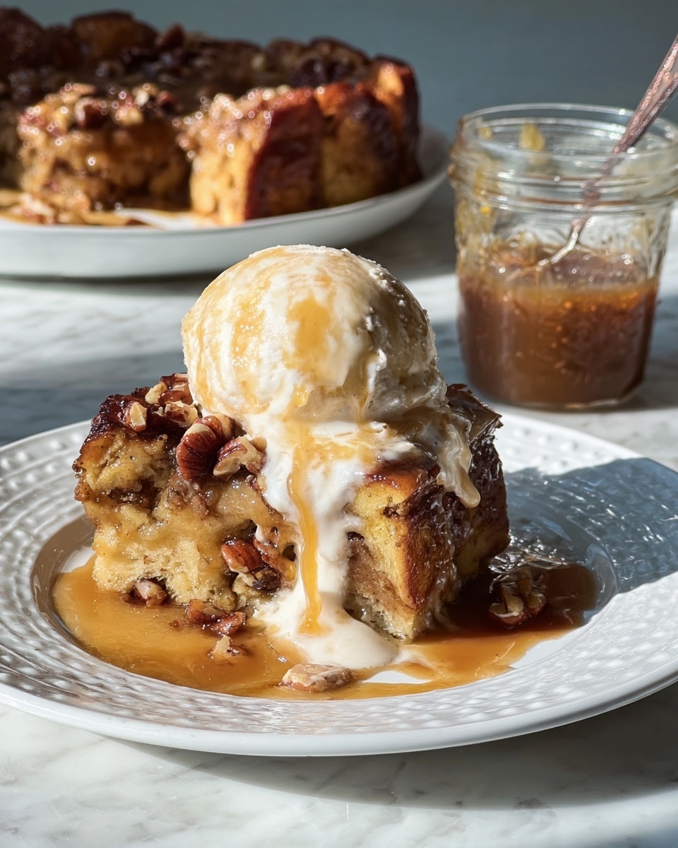 A single piece of sticky, golden-brown bread pudding sits on a white plate with decorative edges, topped with a thick scoop of melting creamy vanilla ice cream that is beginning to drip down the sides. The bread pudding shows visible layers of soft, moist bread soaked in a syrupy sauce mixed with chopped pecans scattered throughout, creating a rich and textured look. Surrounding the pudding, a warm caramel sauce pools on the plate, blending with melted ice cream and bits of nuts. In the background, the rest of the bread pudding is on a white plate, along with a clear glass jar of caramel sauce with a spoon inside, all set on a white marbled surface. The warm sunlight highlights the shiny glaze and creamy textures. Photo taken with an iphone --ar 4:5 --v 7