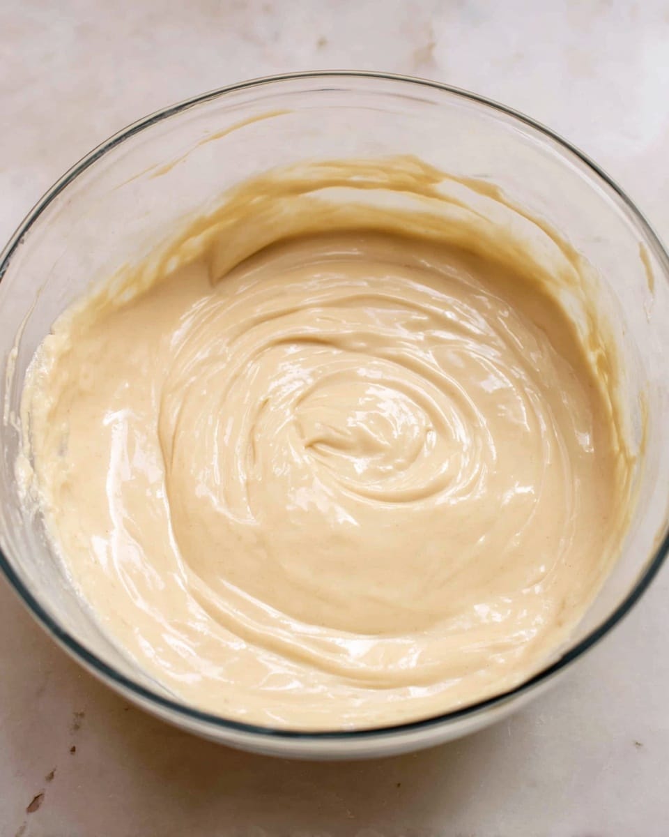 A clear glass bowl filled with smooth, creamy light beige batter that has a thick and shiny texture, gently swirled in the center. The bowl sits on a white marbled surface. The batter looks soft and ready to be used for baking. photo taken with an iphone --ar 4:5 --v 7