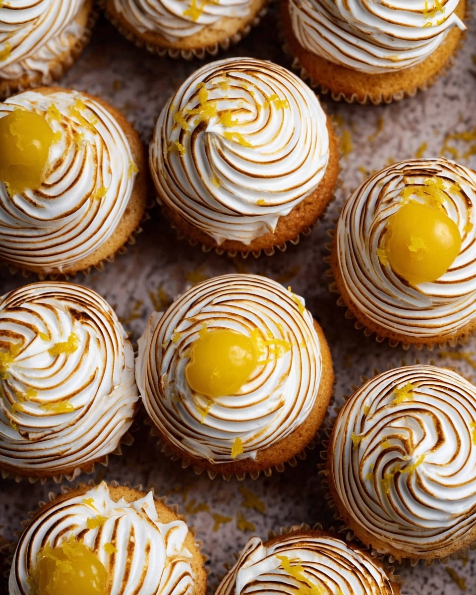 The image shows many small cupcakes arranged close together on a textured brown surface with a white marbled texture visible around the edges. Each cupcake has one main layer of light golden sponge base, topped with a thick swirl of white meringue that has golden brown toasted stripes forming a spiral pattern. On some cupcakes, there is a dollop of bright yellow lemon curd spilling slightly on top of the meringue, giving a shiny and smooth texture. Tiny bits of lemon zest are scattered on the meringue, adding small bright yellow specks. photo taken with an iphone --ar 4:5 --v 7