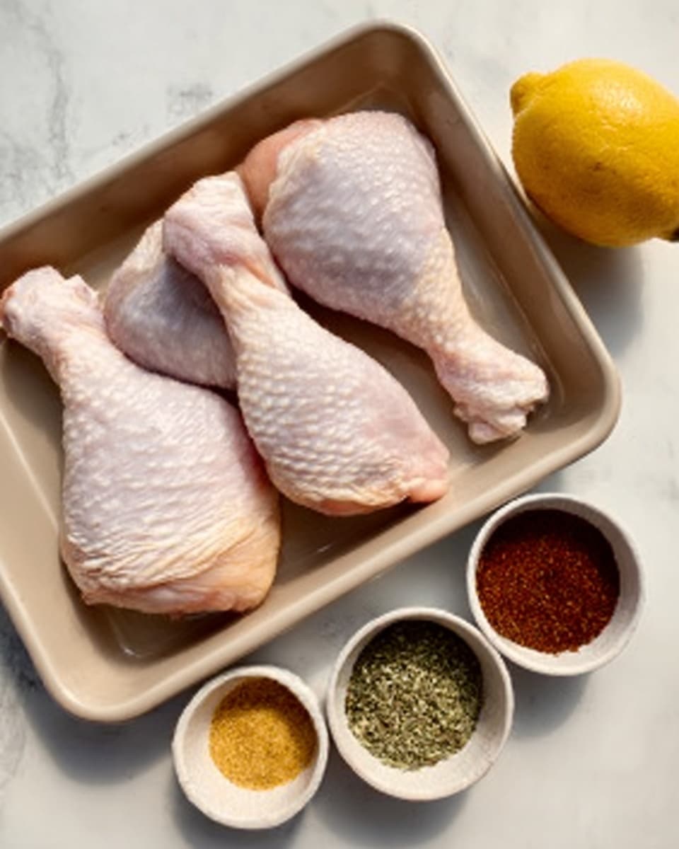 The image shows four raw chicken legs with pale pink skin placed neatly in a light-colored tray on a white marbled surface. Next to the tray, there is a whole yellow lemon and a white bowl containing five different colored spices arranged separately inside. The spices include light brown, dark red, and green herbs. A woman's hand is not present in the image. The whole setup looks clean and simple. photo taken with an iphone --ar 4:5 --v 7