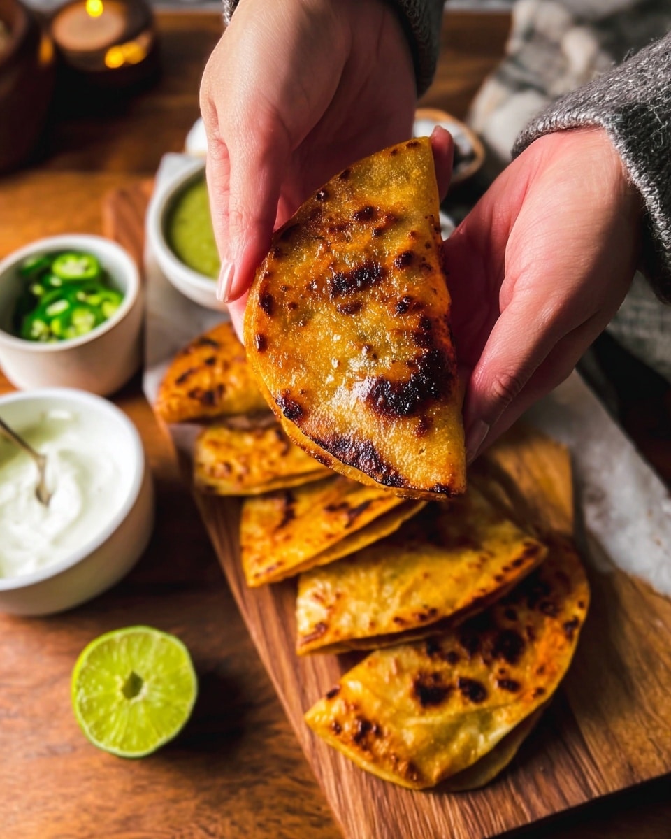A close-up view of a golden brown folded taco held by a woman's hands showing a slightly crispy texture with little charred spots on the surface. Below, there is a white marbled surface with a wooden board holding several more folded tacos that have the same grilled look. Around the board are small white bowls, one filled with green sauce with a smooth texture, another bowl with white sour cream, and a third bowl in the background with sliced green jalapeño. A half-cut lime is placed below near the bottom left corner. The scene is cozy with warm lighting highlighting the rich, crispy texture of the tacos. photo taken with an iphone --ar 4:5 --v 7
