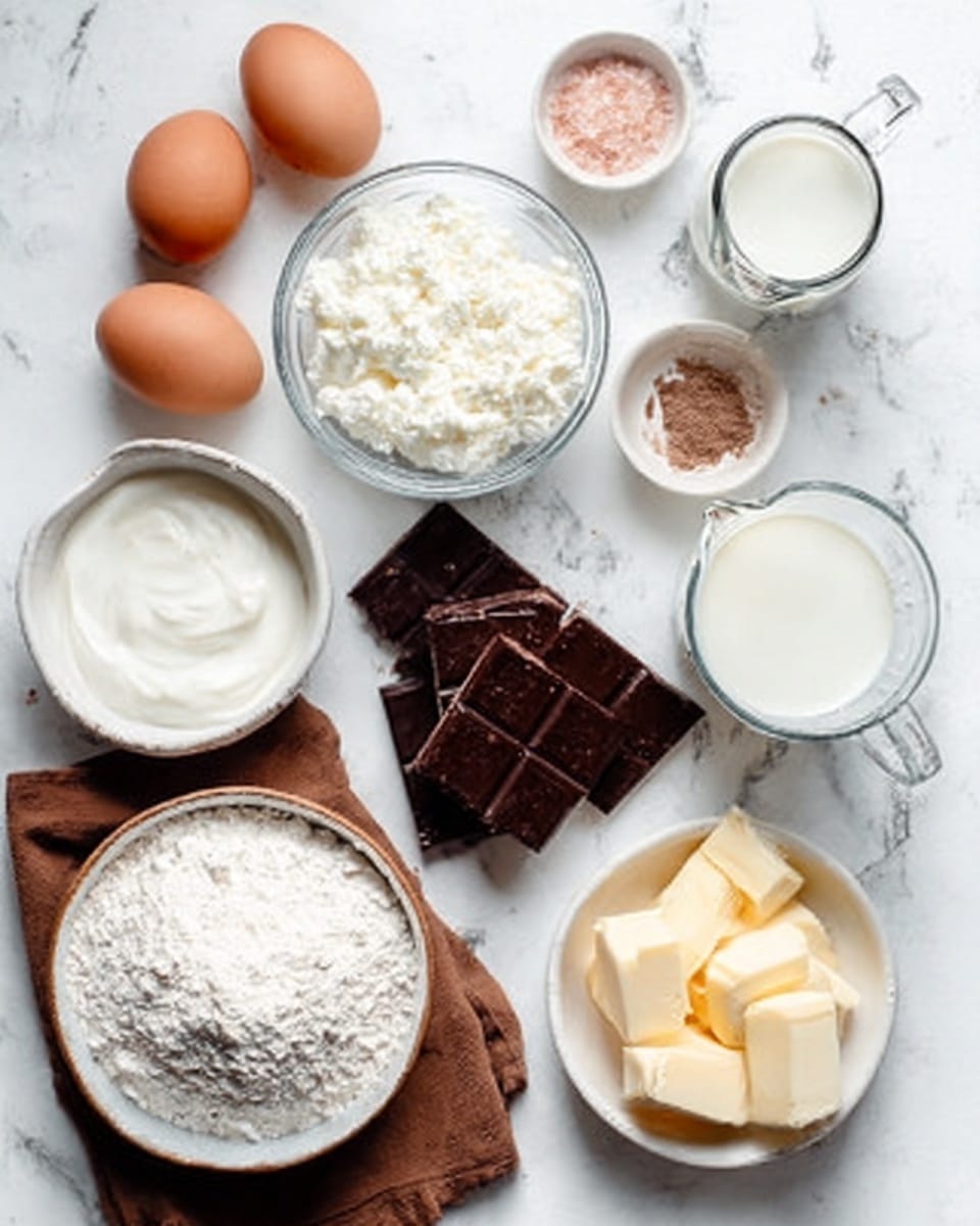The image shows several baking ingredients arranged on a white marbled surface. There are two brown eggs in a small glass bowl, a small glass bowl with white cottage cheese or ricotta, a clear measuring cup with white milk, a small jar of white cream or yogurt, and a small glass dish with light brown vanilla extract. There is a white bowl filled with white flour on the left, a white bowl filled with light brown cocoa powder at the bottom center, and two dark brown chocolate bars placed side by side with some broken pieces on a folded brown cloth. A small glass bowl with pink salt is near the top right of the chocolate, and a white bowl holds three chunks of pale yellow butter at the bottom right. Photo taken with an iphone --ar 4:5 --v 7
