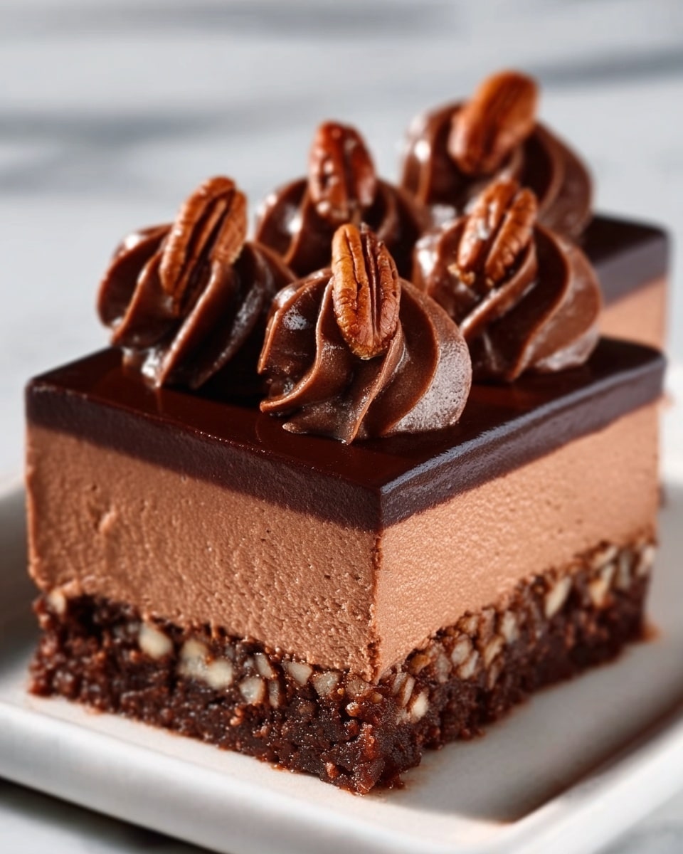 The image shows a rectangular chocolate dessert on a white plate placed on a white marbled surface. The dessert has three visible layers: a bottom crumbly dark brown crust, a middle thick light brown creamy mousse layer, and a smooth dark chocolate glossy layer on top. On the top layer, there are five evenly spaced swirls of dark chocolate cream, each with a shiny pecan half standing against it. The lighting highlights the shiny texture of the chocolate and the smoothness of the mousse. photo taken with an iphone --ar 4:5 --v 7