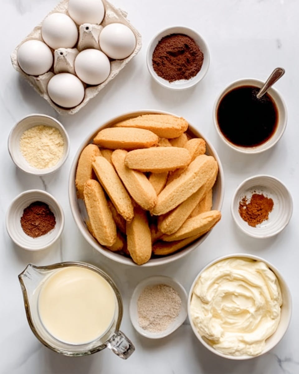 The image shows a white bowl full of light brown ladyfinger biscuits placed at the center. Surrounding the bowl are several small white dishes with different powders and powders like coffee, cocoa, and spices. To the left is a clear measuring cup filled with creamy thick liquid, and in front of it is a glass jug with white cream. On the right side, there is a white bowl containing fresh cream or mascarpone. In the top left corner, there is a carton with six white eggs. All items are arranged neatly on a white marbled surface. Photo taken with an iphone --ar 4:5 --v 7