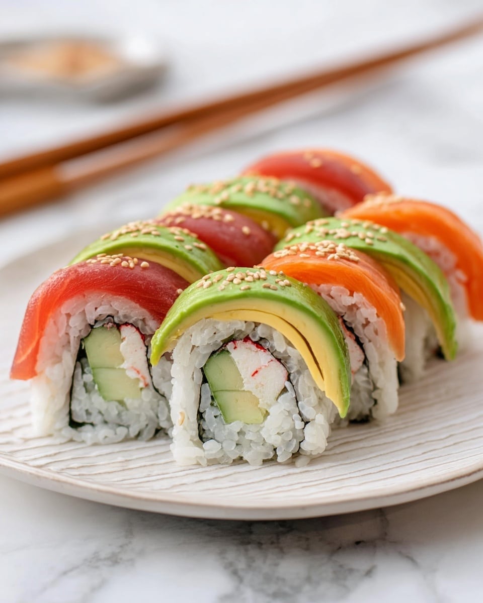 The image shows four sushi rolls on a white plate with a white marbled surface underneath. Each sushi roll has a visible cross-section with a center layer of green cucumber, white crab stick, and light green avocado wrapped in black seaweed surrounded by white rice. On top of each roll, there are three colorful layers: a green avocado slice, an orange salmon slice, and a red tuna slice, all sprinkled with small white sesame seeds. Wooden chopsticks are positioned on the left side of the plate. The photo was taken with an iphone --ar 4:5 --v 7