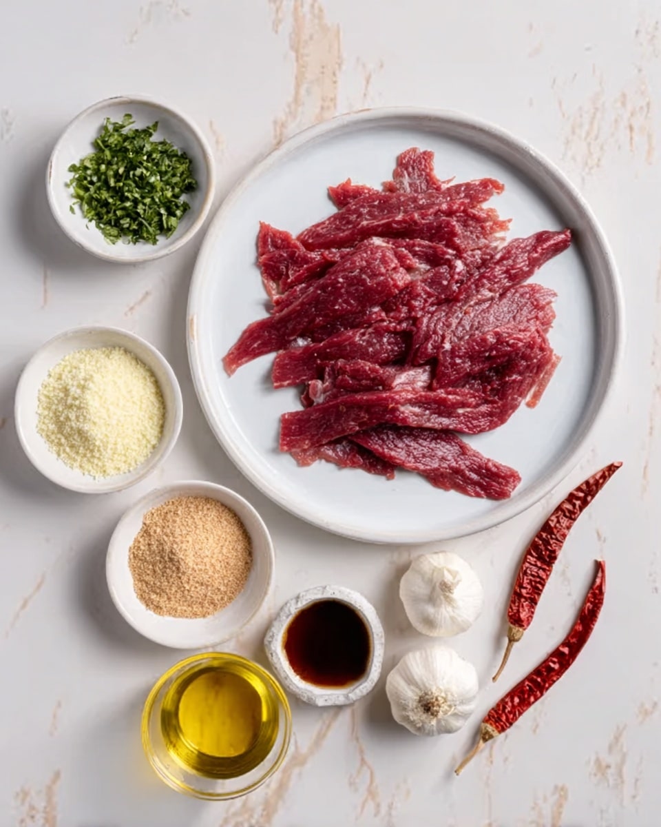 The image shows a white plate in the center with several thin, raw dark red meat slices laid flat. Around this plate are smaller white bowls each holding different ingredients: one with bright green chopped herbs, one with pale yellow powder, one with light brown finely ground mixture, and one with white powder. To the right of the main plate, there are two small whole white garlic bulbs and two dried red chili peppers. Below these, a small bowl contains a dark brown liquid, and nearby is a clear glass container filled with golden-yellow oil. All these items are set on a white marbled surface. The photo taken with an iphone --ar 4:5 --v 7