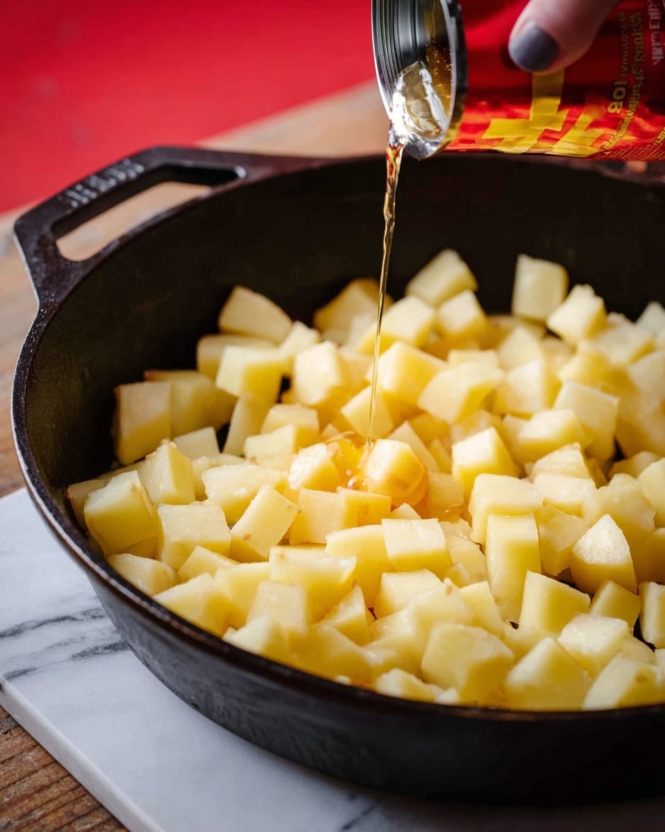 The image shows a close-up of a black cast iron pan filled with small, light yellow cubed potatoes. The potatoes are scattered evenly across the pan. A red and gold tube is being squeezed, pouring a clear liquid over the potatoes, with a woman's hand holding the tube. The pan is on a white marbled surface with a hint of a red wooden background visible. Photo taken with an iphone --ar 4:5 --v 7