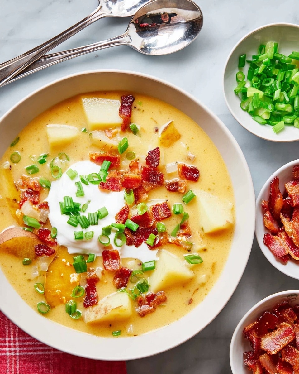 A white bowl filled with creamy yellow potato soup that has visible light yellow potato cubes mixed in; the soup is topped with a dollop of white sour cream, small crispy pieces of reddish-brown bacon, and chopped green onions scattered on top and around the soup. The bowl is placed on a white marbled surface with three shiny silver spoons to the top left and two small white bowls nearby, one with crispy bacon pieces and the other with chopped green onions. photo taken with an iphone --ar 4:5 --v 7