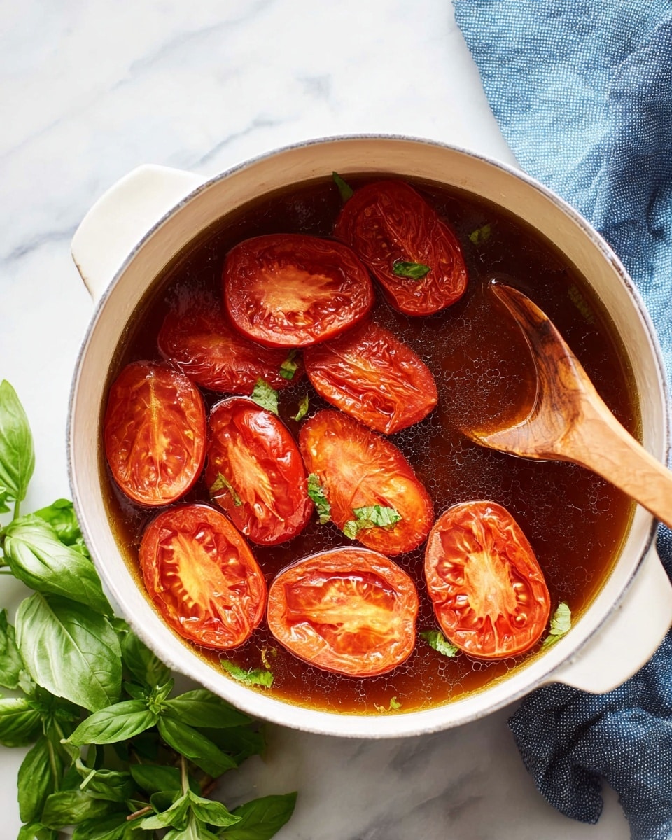 A white pot filled with a dark brown liquid broth, topped with 12 large, bright red tomato halves that have a slightly wrinkled texture, floating on the surface. A wooden spoon with a light wood handle rests inside the pot, partially submerged in the broth. The pot is placed on a white marbled surface, with fresh green basil leaves arranged loosely to the bottom left and a blue cloth casually spread at the top right corner. Photo taken with an iphone --ar 4:5 --v 7