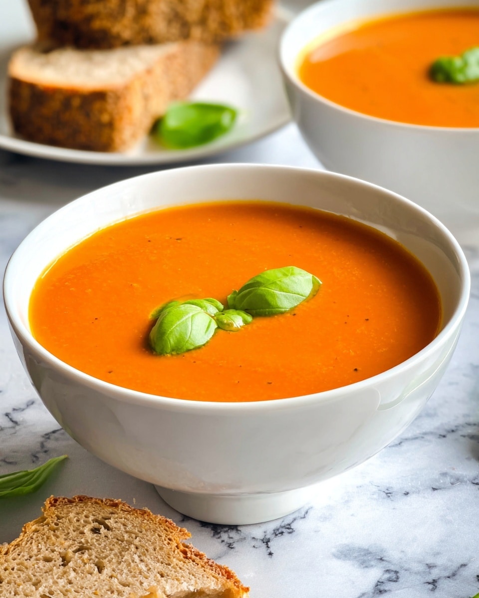 A white bowl filled with smooth, bright orange soup, topped with two small fresh green basil leaves in the center. Behind the bowl, there is a white plate holding two pieces of light brown bread with a rough texture. In front of the bowl on a white marbled surface, there is a torn piece of the same bread showing its soft inside. A second white bowl with the same orange soup and a green basil leaf is partly visible in the background. Photo taken with an iphone --ar 4:5 --v 7