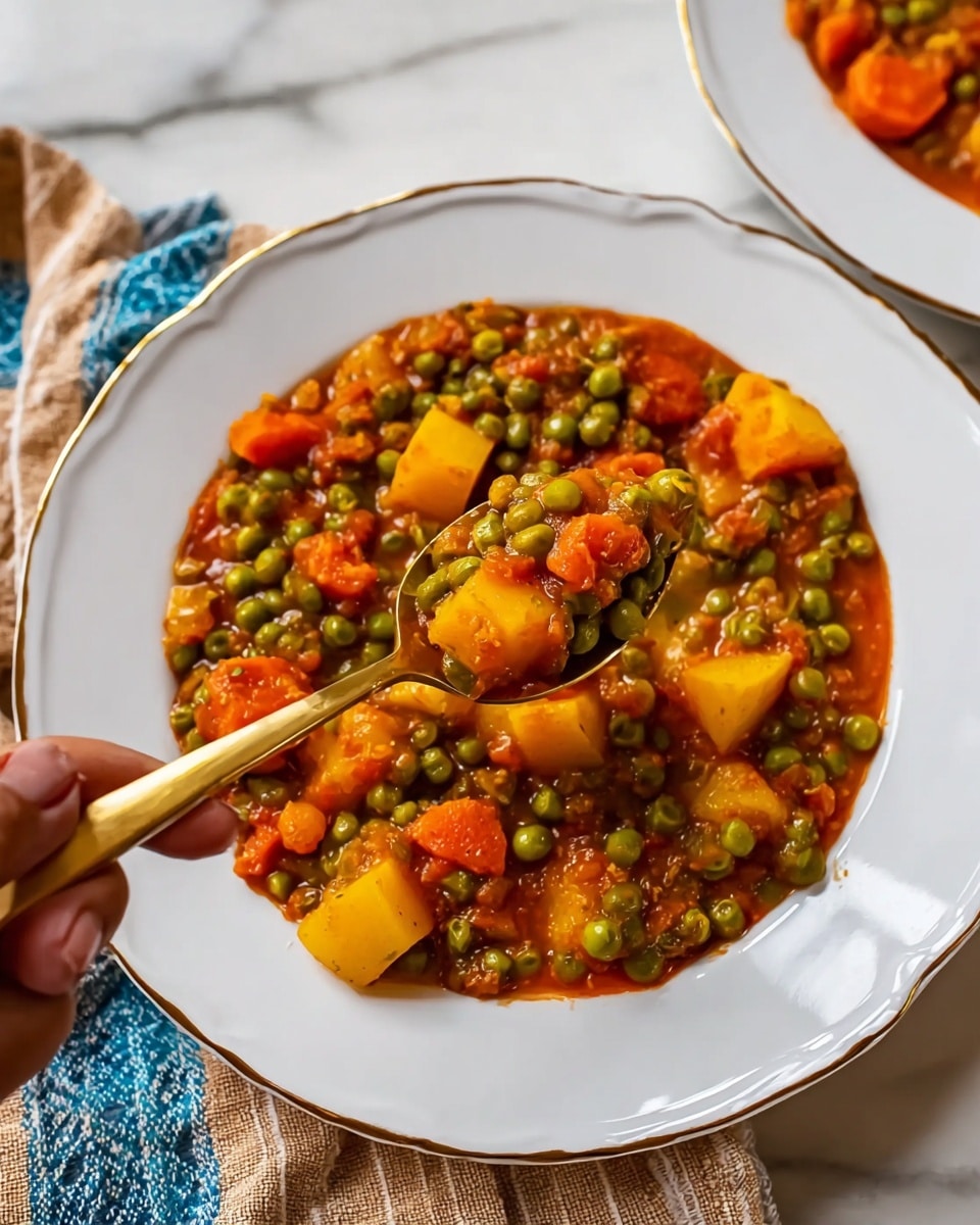 The image shows a close-up of a white plate filled with a thick stew made of green peas, orange carrot slices, and yellow potato chunks in a red sauce. The stew has a slightly chunky texture with the vegetables scattered evenly throughout. A woman's hand holds a golden spoon lifting a spoonful of the stew, showing the vibrant colors and mixed textures of the peas, carrots, and sauce. The plate rests on another white plate, both placed on a light brown and blue striped cloth. The background surface is a white marbled texture. Photo taken with an iphone --ar 4:5 --v 7