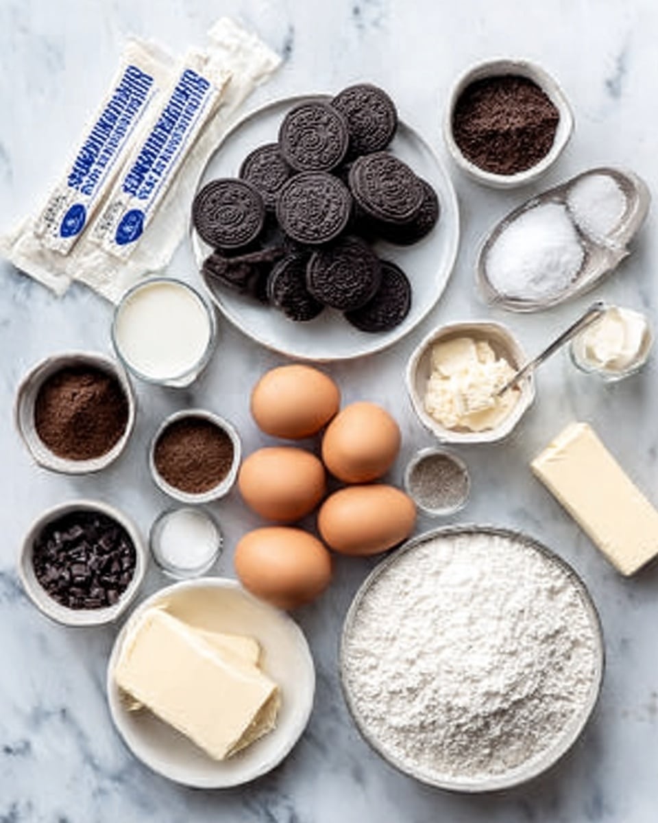 The image shows ingredients for a recipe placed on a white marbled surface. In the center, there are two plates: one white plate with Oreo cookies stacked in a small pile, and another white plate with white flour. Around these plates, there are various small bowls and containers holding items like brown sugar, cocoa powder, and white sugar. There are four brown eggs placed on the surface. Small packets of cream cheese are near the eggs, and a stick of butter is placed next to a small glass of milk and vanilla extract. Everything is organized neatly and clearly visible. Photo taken with an iphone --ar 4:5 --v 7