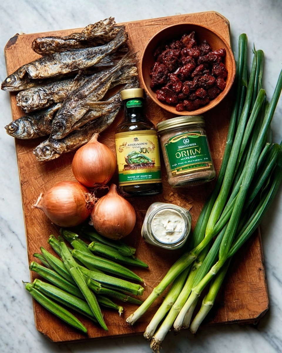 A wooden board on a white marbled surface holds several ingredients arranged neatly: in the top left, a pile of dried fish showing their textured skin and visible bones; next to it, a small bowl filled with deep red dried shrimp; in the middle two medium brown onions sit next to a jar of green-labeled seasoning and a jar of white sauce or cream with a green lid; to the right, a bottle of light brown liquid with a green label lies on the board; fresh green okra pods form a row at the bottom, and a cluster of long green onions extends from the right edge, their dark green tops contrasting with lighter stalks. The lighting highlights the natural colors and textures clearly, photo taken with an iphone --ar 4:5 --v 7