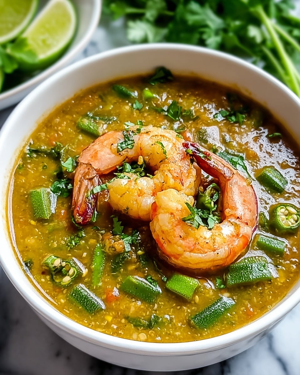 The image shows a white bowl filled with a thick, golden-yellow soup that has a slightly grainy texture. Floating in the soup are bright green, chopped okra pieces scattered throughout, along with finely chopped green herbs sprinkled on top. Two curled, cooked shrimp with orange and white striped shells sit near the center of the bowl, creating a focal point. The bowl is placed on a white marbled surface, and in the blurred background, there are hints of fresh green herbs and a lime wedge. Photo taken with an iphone --ar 4:5 --v 7