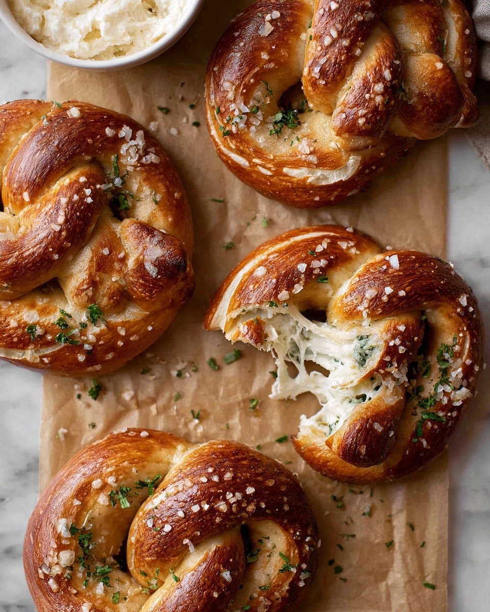 The image shows five soft pretzels with a shiny golden-brown crust, twisted into a classic knot shape on a light brown paper. One pretzel is torn open to reveal a creamy white cheese filling mixed with green herbs inside, oozing out slightly. The surface of the pretzels is sprinkled with coarse salt and small green herb pieces. On the top left corner, there is a glimpse of a white bowl filled with creamy white cheese. The pretzels rest on a white marbled surface. photo taken with an iphone --ar 4:5 --v 7