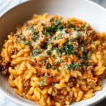 Ground Beef Orzo with Tomato Cream Sauce Recipe