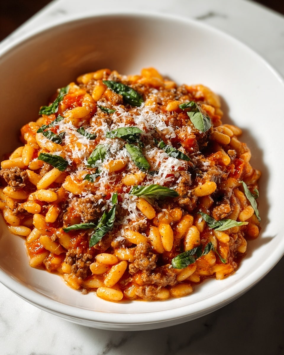A white bowl is filled with a dish made of small, rice-shaped pasta mixed with a thick orange-red sauce. The sauce has bits of cooked brown meat evenly spread throughout. Scattered on top are fresh, dark green basil leaves that add a pop of color. The pasta is sprinkled lightly with grated white cheese, adding a fine texture contrast. The bowl sits on a white marbled surface, and soft light highlights the glossy look of the sauce and the fresh ingredients. Photo taken with an iphone --ar 4:5 --v 7