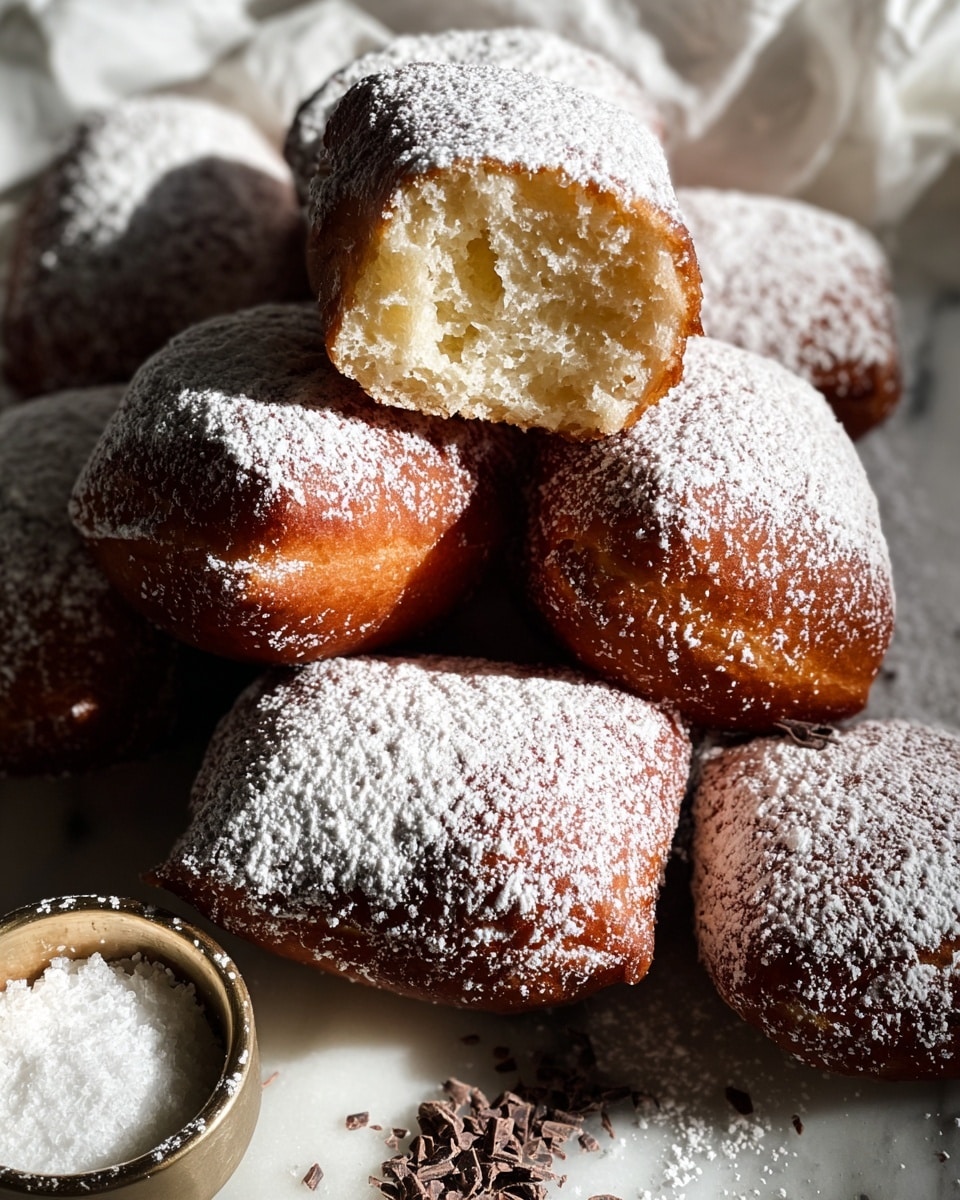 A group of soft, golden-brown beignets dusted heavily with white powdered sugar sit closely together on a white marbled surface. Three beignets are stacked in the center, the top two split open showing a light, airy, and fluffy interior with a pale yellow color. Behind them, there are two small round containers, one filled with coarse white salt and the other with small chocolate shavings. The texture on the outside of the beignets is slightly crisp and shiny, showing a warm brown color under the powdered sugar. The lighting casts soft shadows, highlighting the powdery sugar and the soft inside of the beignets. photo taken with an iphone --ar 4:5 --v 7