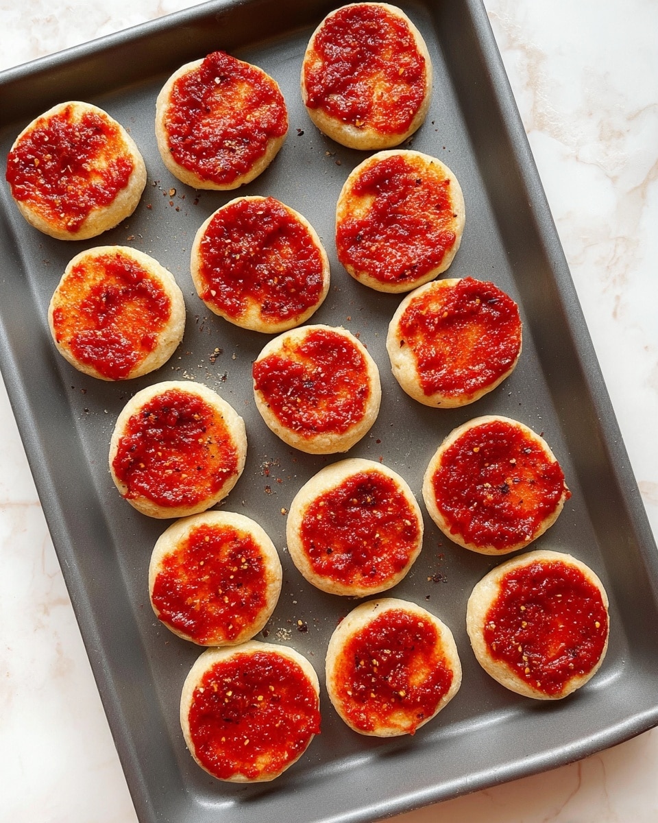 The image shows a gray baking tray holding eighteen small round pieces of bread, each spread with a layer of red tomato sauce. The bread pieces are light beige with a soft texture, and the tomato sauce on top is thick and vibrant red with some darker spots and small bits of seasoning visible. The pieces are arranged in four uneven rows on the tray, which is placed on a white marbled surface. photo taken with an iphone --ar 4:5 --v 7