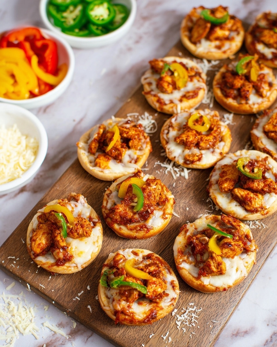 The image shows many small round mini pizzas laid out on a wooden board. Each mini pizza has three layers: a light golden brown crust on the bottom, a melted white cheese layer in the middle, and topped with orange-brown cooked pieces of something like spiced tofu or chicken with small strips of yellow and green bell peppers and some onions. The wooden board is placed on a white marbled surface with a small pile of grated cheese scattered around. In the background, there are two white dishes, one with green sliced jalapeños and the other with sliced yellow and red bell peppers and tomatoes. The photo taken with an iphone --ar 4:5 --v 7