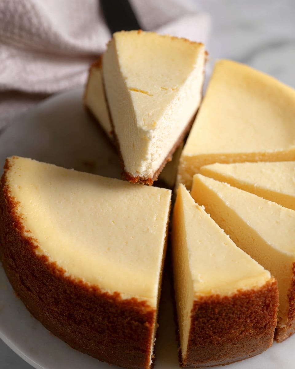A whole cheesecake is shown sliced into several even pieces on a white plate, placed on a white marbled surface. One slice is lifted slightly, revealing the rich creamy pale yellow filling and a thick, golden-brown crust on the bottom and sides. The cheesecake's top layer is smooth and light in color, while the crust has a textured, slightly darker brown color. Photo taken with an iphone --ar 4:5 --v 7