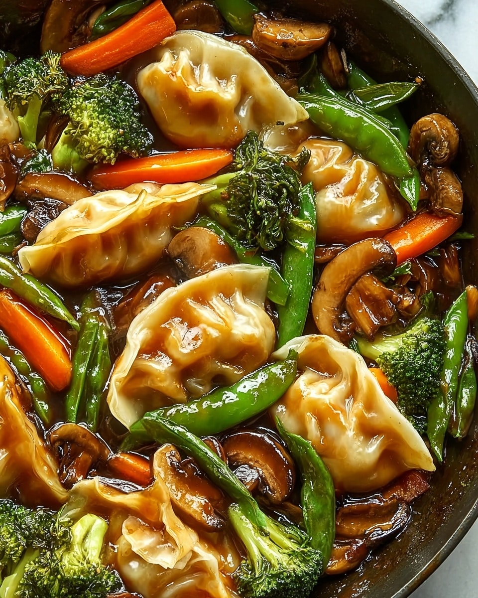 A close-up view of a pan filled with a colorful stir fry, showing several light tan dumplings with glossy, crinkled edges arranged on top and in the middle, surrounded by bright orange carrot sticks, vibrant green broccoli florets, green beans, and brown sliced mushrooms all coated in a shiny, dark sauce. The textures contrast between the smooth dumpling wrappers and the crisp, fresh vegetables. The dish looks hot and fresh, sitting on a white marbled surface. Photo taken with an iphone --ar 4:5 --v 7