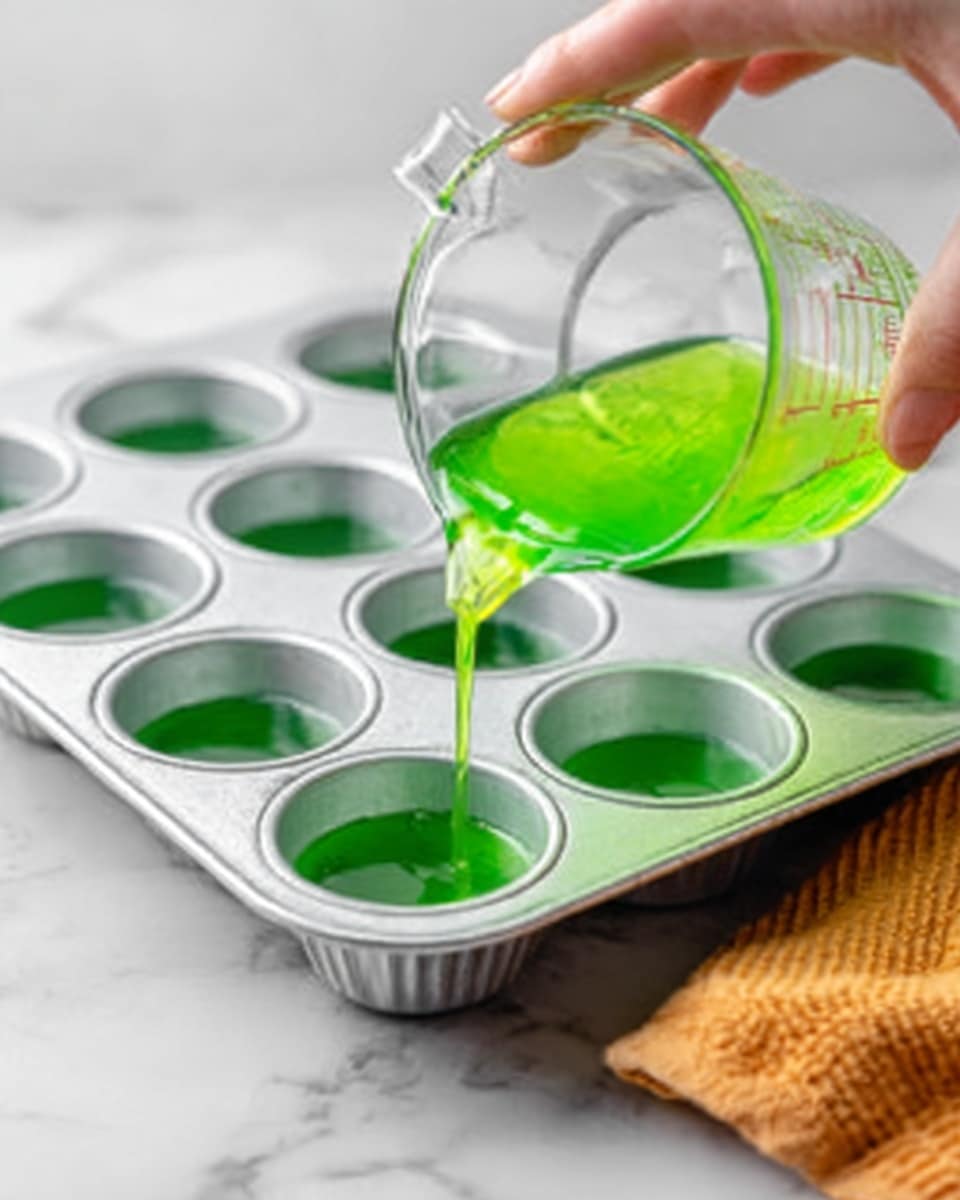 The image shows a close-up of a white metal muffin tray filled with clear plastic cups. A woman's hand is pouring bright green liquid from a clear glass measuring cup into one of the cups in the tray. The white marbled surface underneath the tray is visible, and an orange cloth is placed to the right side. The scene is bright and clean, focusing on the vibrant green liquid filling the cup. Photo taken with an iphone --ar 4:5 --v 7