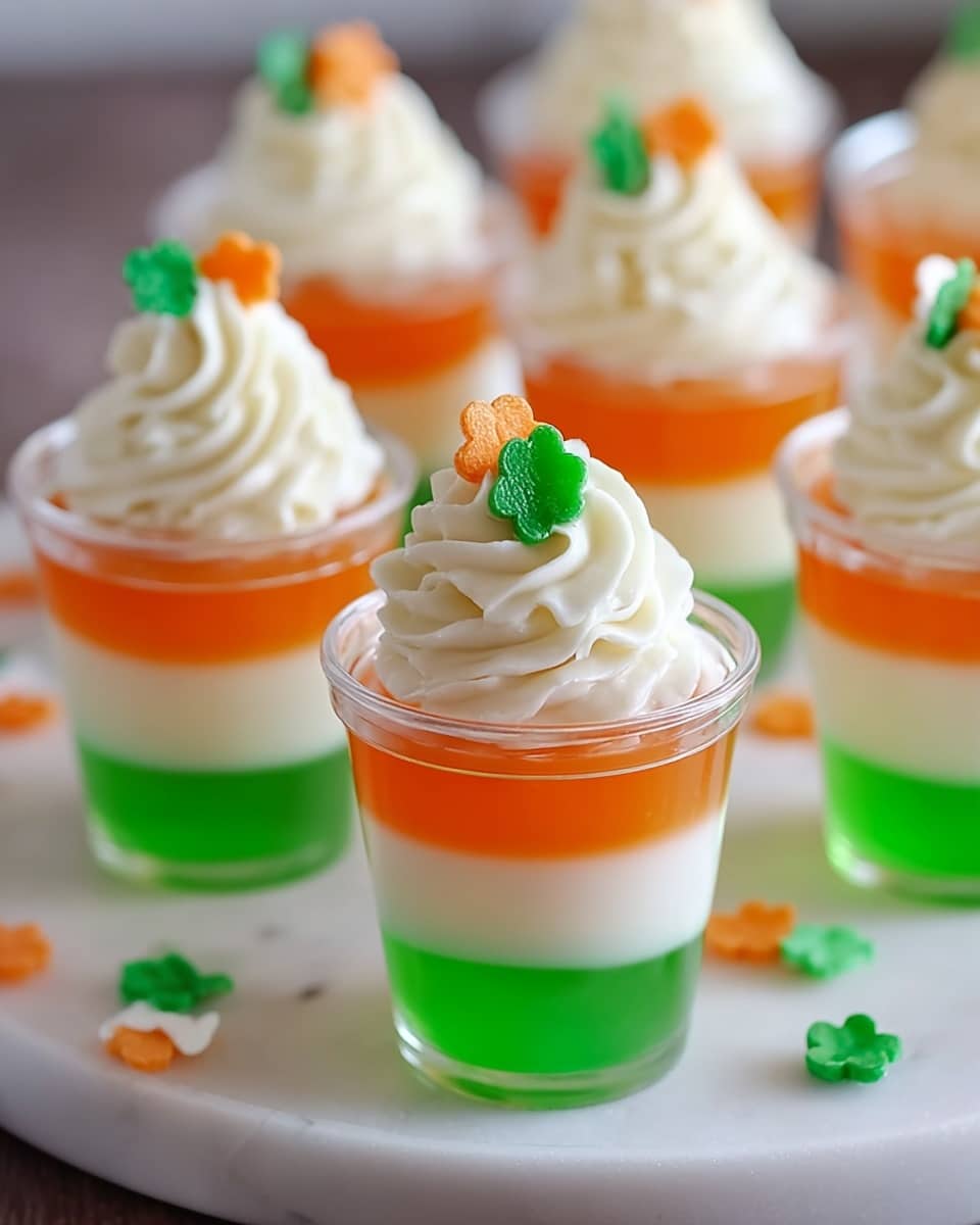 The image shows multiple small clear cups filled with three layers of jelly resembling the colors of a flag: the bottom layer is orange and translucent, the middle layer is solid white, and the top layer is a bright green jelly. On top of each cup, there is a swirl of white cream that looks soft and smooth. Small green and orange flower-shaped sugar decorations are placed on the cream. The cups sit on a round white plate with a white marbled surface, and some tiny green and orange flower-shaped pieces are scattered around the base of the cups. The background is blurred, keeping focus on the colorful jelly treats. photo taken with an iphone --ar 4:5 --v 7