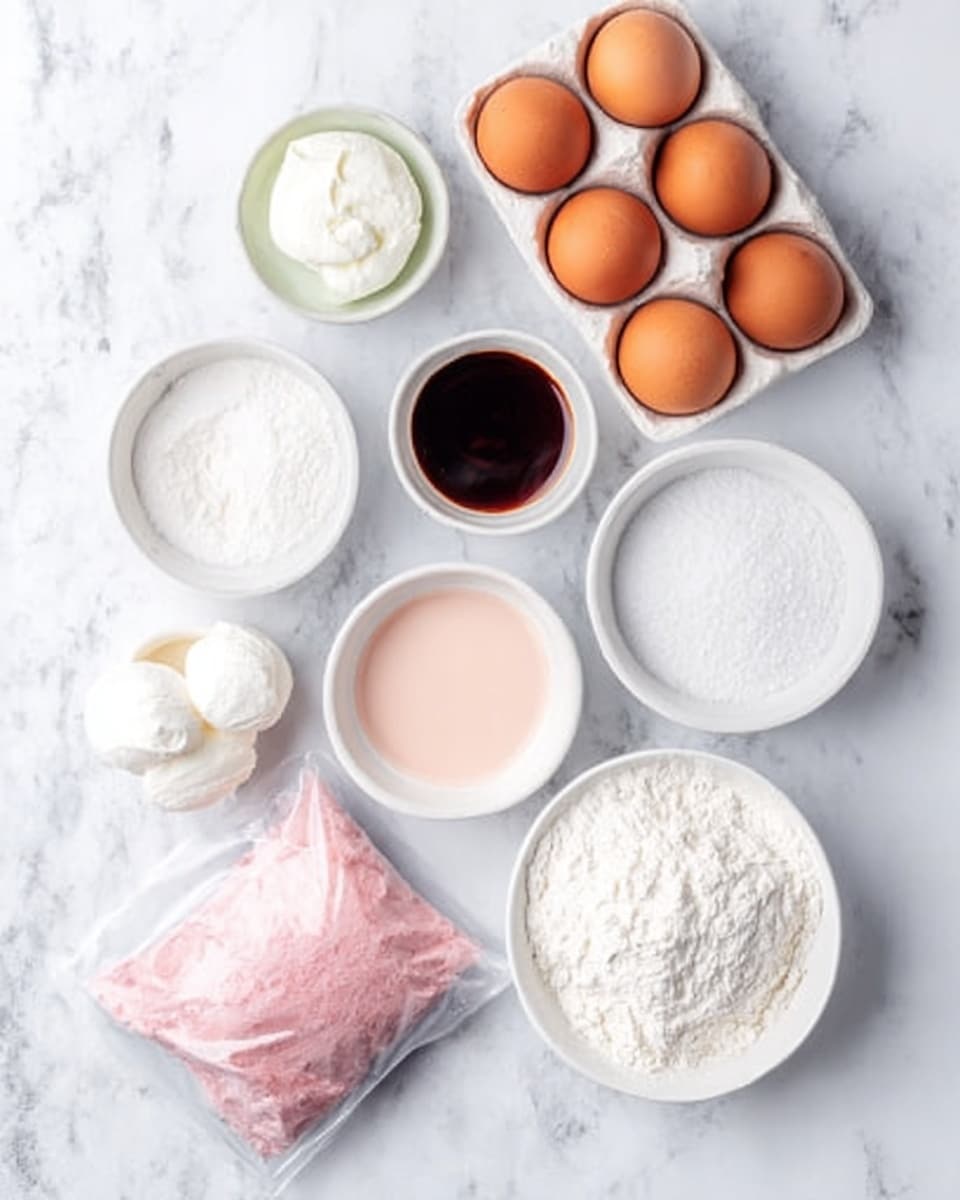 The image shows ingredients neatly placed on a white marbled surface. There are six brown eggs in a white carton at the top left, next to a small white bowl with a dark liquid, and a small white bowl with white powdery substance. Below these are a small white bowl with a light pink liquid, a small white bowl with a white creamy substance, a white bowl with granulated sugar, and a white bowl with white flour. At the bottom left, there are two white scoops of thick white cream, and a plastic bag with a pink powder. Everything is arranged with clear spacing between each container, giving a clean, organized feel. photo taken with an iphone --ar 4:5 --v 7
