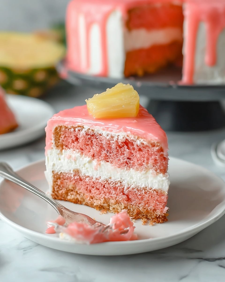 The image shows a slice of pink cake on a white plate placed on a white marbled surface. The cake has three layers: a bottom light brown crumb layer, a thick middle pink sponge layer with a soft and crumbly texture, and a thick white creamy layer on top. Over the white cream is a smooth, glossy pink glaze that drips a little down the sides. On top of the slice is a pale yellow fruit piece that looks like a small pineapple chunk. Next to the cake slice on the plate is a silver fork with some of the pink glaze on it. In the blurry background, more of the same cake can be seen on a dark cake stand with some of the pineapple fruits nearby. Photo taken with an iphone --ar 4:5 --v 7