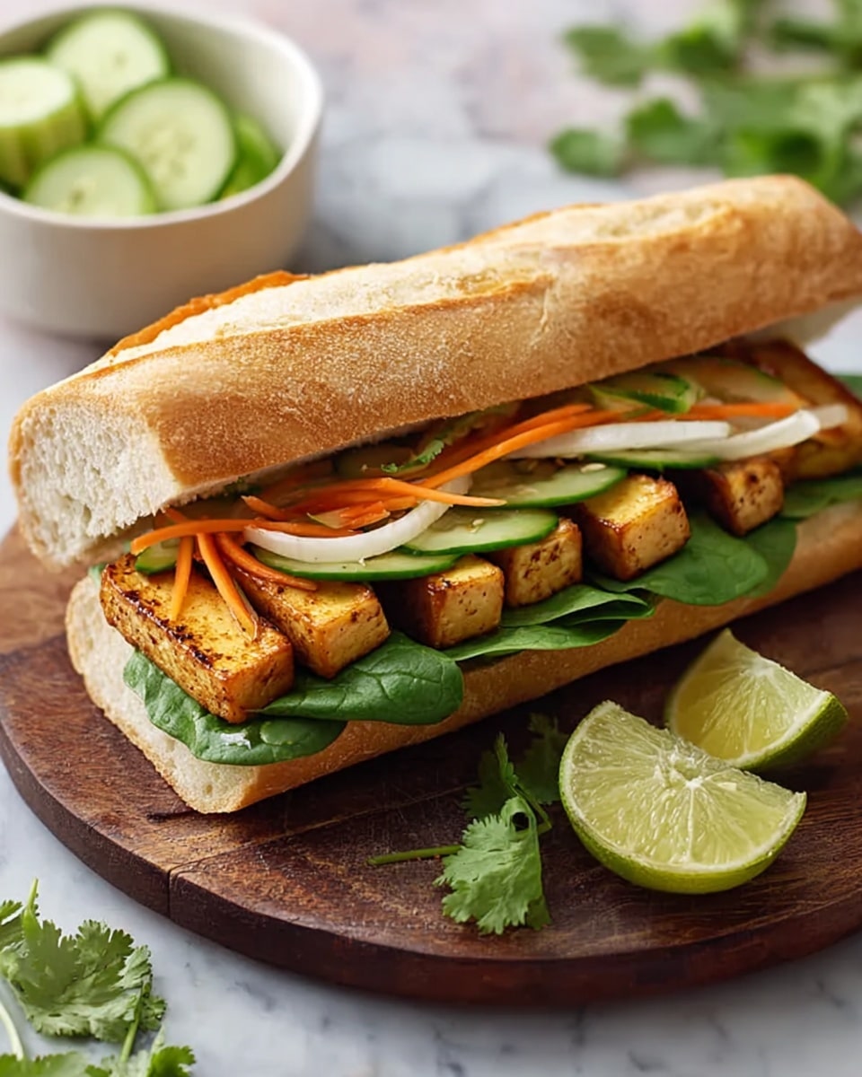 A sandwich on a toasted light brown baguette sits on a dark wooden round board. Inside, the sandwich has four layers: the base layer is fresh green leafy spinach, followed by thick grilled tofu pieces with a golden-brown texture, then a layer of green cucumber slices, topped with thin carrot strips and some translucent white onion slices. A lime half and a few green cilantro leaves are placed beside the sandwich on the board. In the background, a white bowl holds more cucumber slices on a white marbled surface. photo taken with an iphone --ar 4:5 --v 7