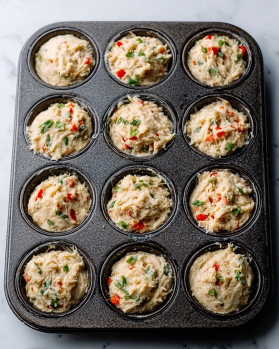 The image shows a dark metal muffin tray with nine cups filled with uncooked savory batter. Each cup holds a mixture that looks creamy and thick, with visible pieces of red pepper, green herbs, and bits of cheese or vegetables. The batter's surface is uneven and slightly lumpy, with a mix of white, green, and red colors spread throughout the light beige base. The tray is placed on a white marbled texture surface. Photo taken with an iphone --ar 4:5 --v 7